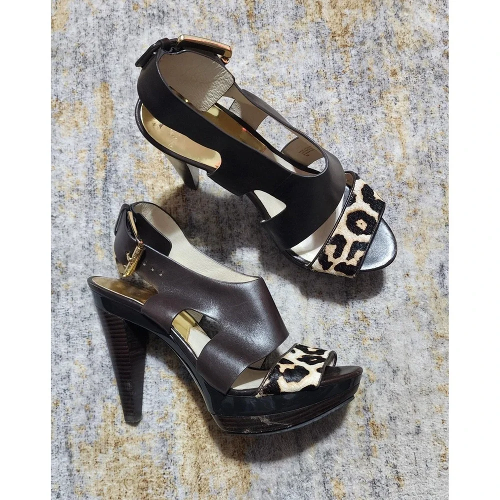 Michael Kors Womens Leather Leopard Calf Hair Platform Slingback Sandal Size 7 M